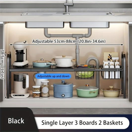 Expandable Under Sink Organizer – Adjustable Kitchen & Bathroom Storage Rack (Black)